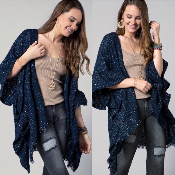 Paris&Pearle Tops - Carissa Navy Metallic Tweed Ruffle Kimono Top